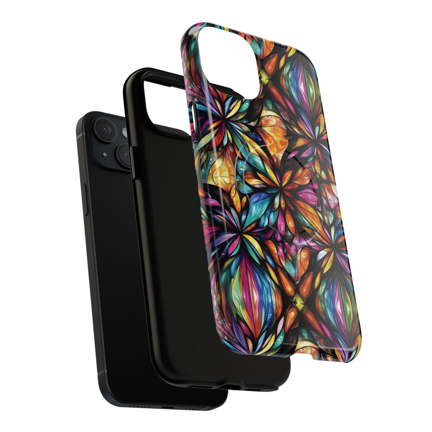Luminous Whirl Tough Magnetic iPhone Cases, Vibrant Protection, Unique Floral Print, Durable Cover, Gift for Tech Lovers, iPhone Accessory, Stained Glass iPhone Design.