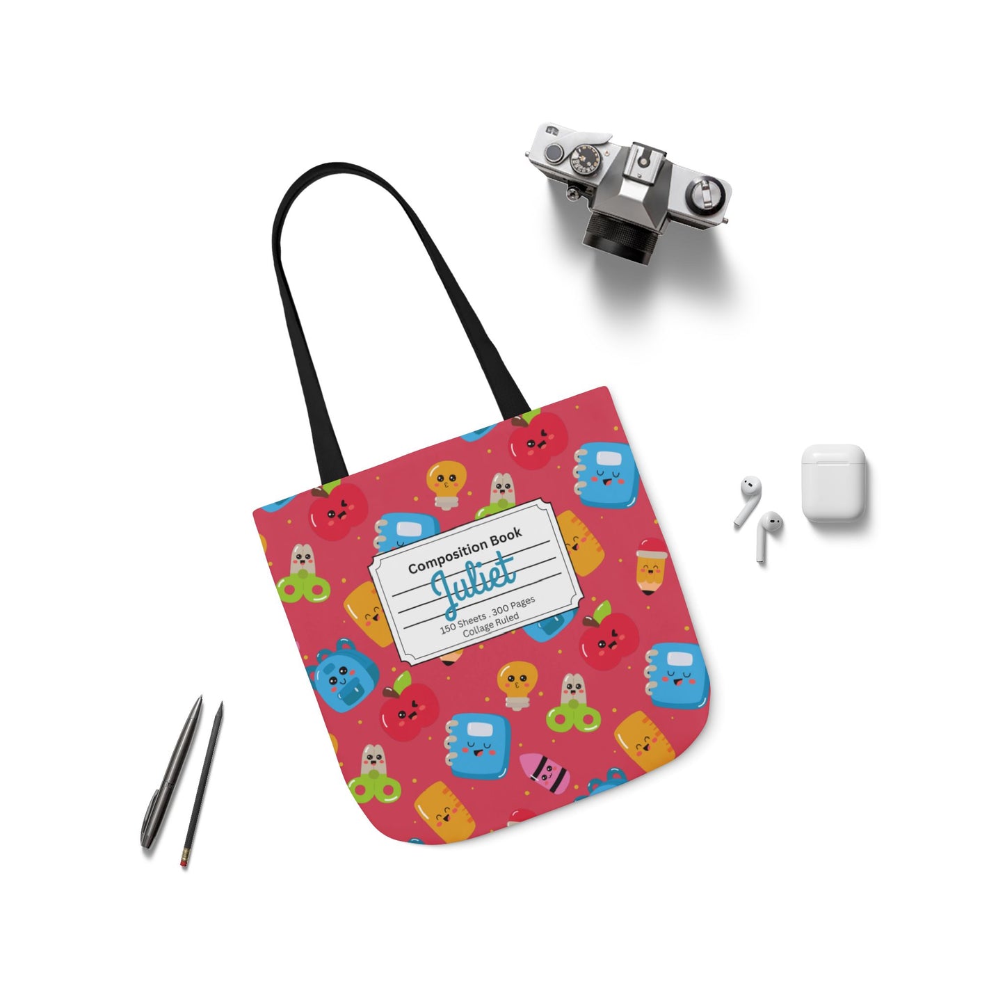 Personalized Kawaii Composition Book Inspired Canvas Tote Bag with Colorful Straps, Cute School Bag, Eco-Friendly Tote, Back to School Shopping Bag, Teacher Gift Idea
