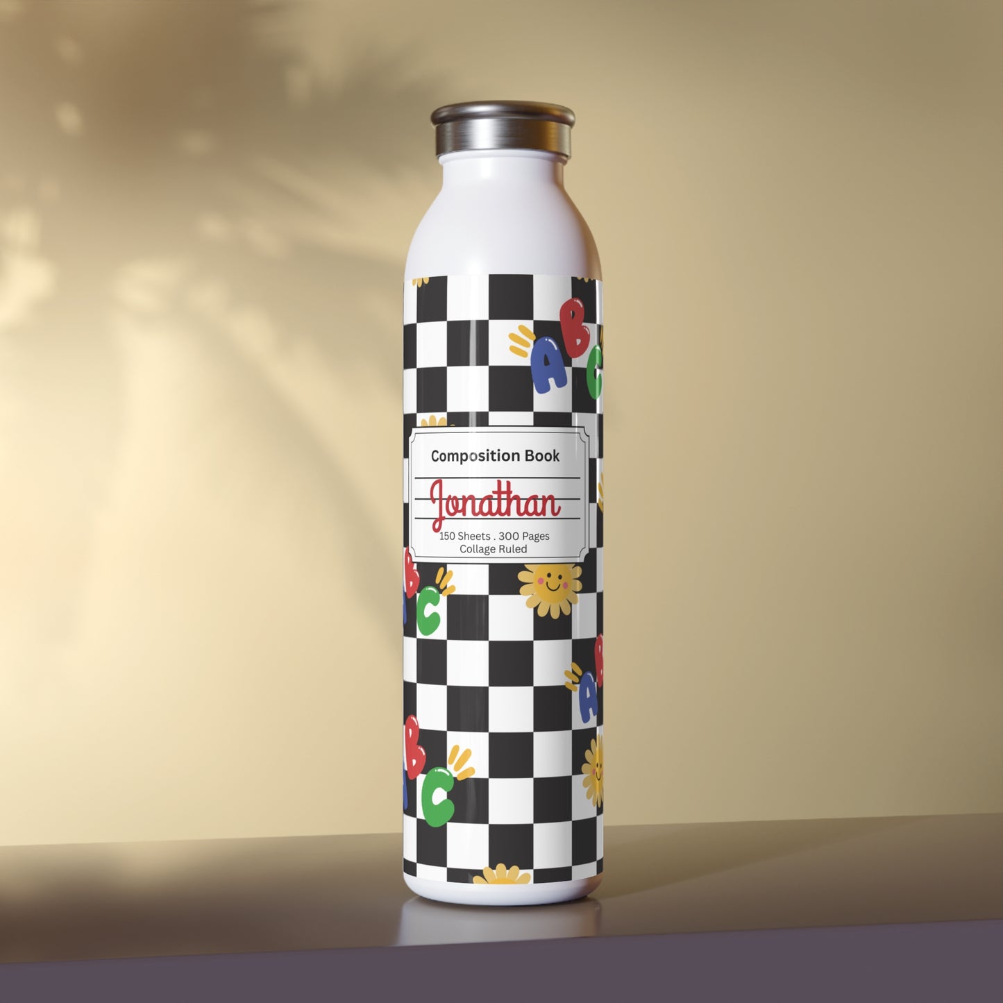 Personalized Schoolyard Chic Composition Book Inspired Slim Water Bottle, Customizable Drinkware, Eco-Friendly Hydration Bottle, Perfect for Gifts, School Supplies, Back to School