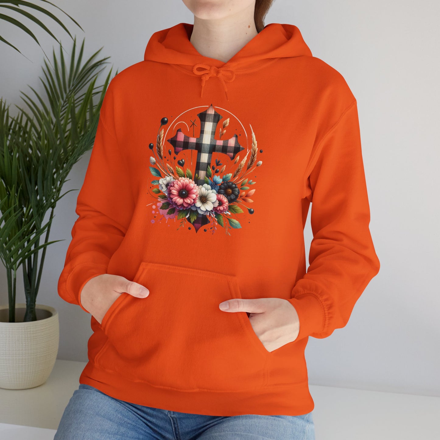 Faith and Floral Cross Unisex Heavy Blend™ Gildan Hooded Sweatshirt.