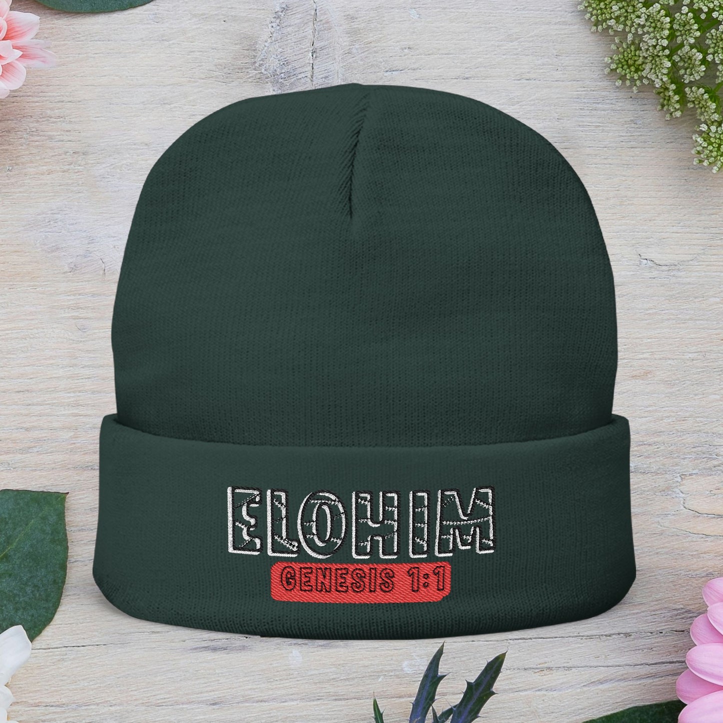 Stylish Knit Beanie with 'ELOHIM, Genesis 1:1' Embroidery, Winter Accessory, Religious Gift, Cozy Beanie Cap, Faith-Inspired Fashion
