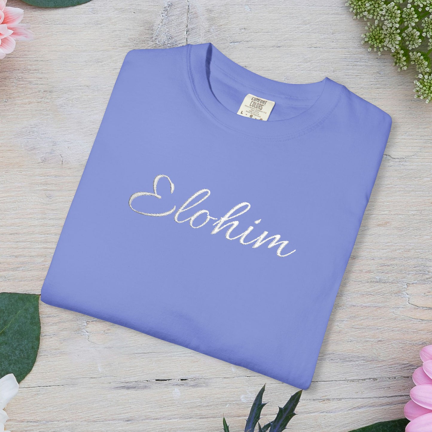 Embroidery 'ELOHIM, GENESIS 1:1' - Faith-Based Unisex Garment-Dyed Comfort Colors T-shirt, Faith Gift Tee, Religious Tee, Embroidery Tee.