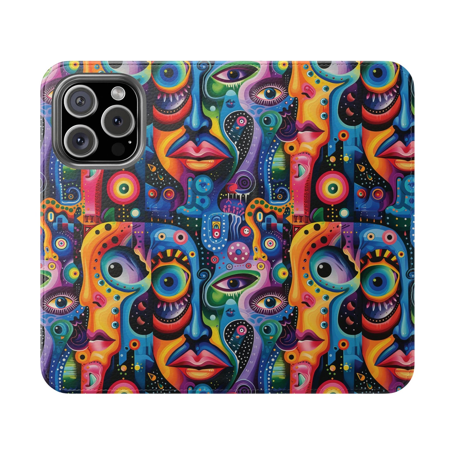 Psychedelic Visions Vibrant Art Flip iPhone and Samsung Phone Case - Colorful Faces Design for Phone Protection
