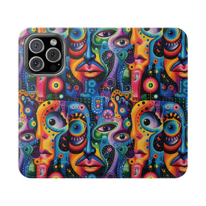 Psychedelic Visions Vibrant Art Flip iPhone and Samsung Phone Case - Colorful Faces Design for Phone Protection