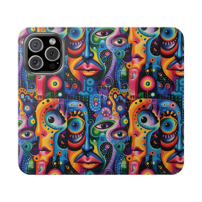Psychedelic Visions Vibrant Art Flip iPhone and Samsung Phone Case - Colorful Faces Design for Phone Protection