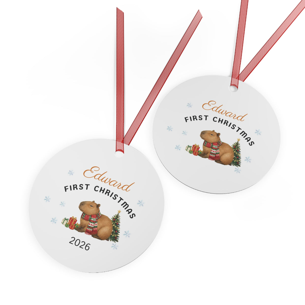 Personalized Capybara First Christmas Metal Ornament —2026 Holiday Keepsake