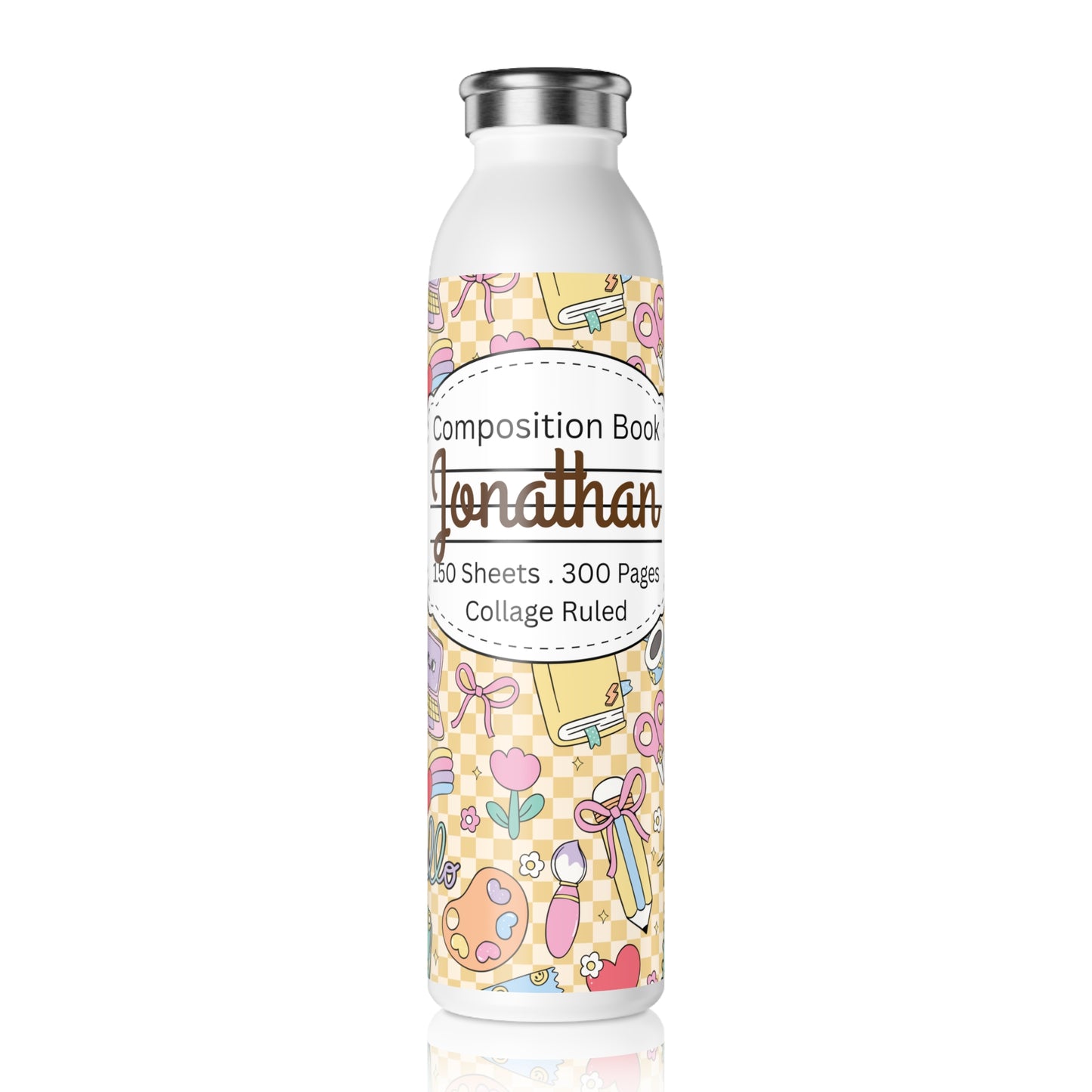 Personalized Composition Book Doodle Daydream Inspired Slim Water Bottle, Drinkware, Eco-Friendly Hydration Bottle, Perfect for Gifts, School Supplies, Back to School