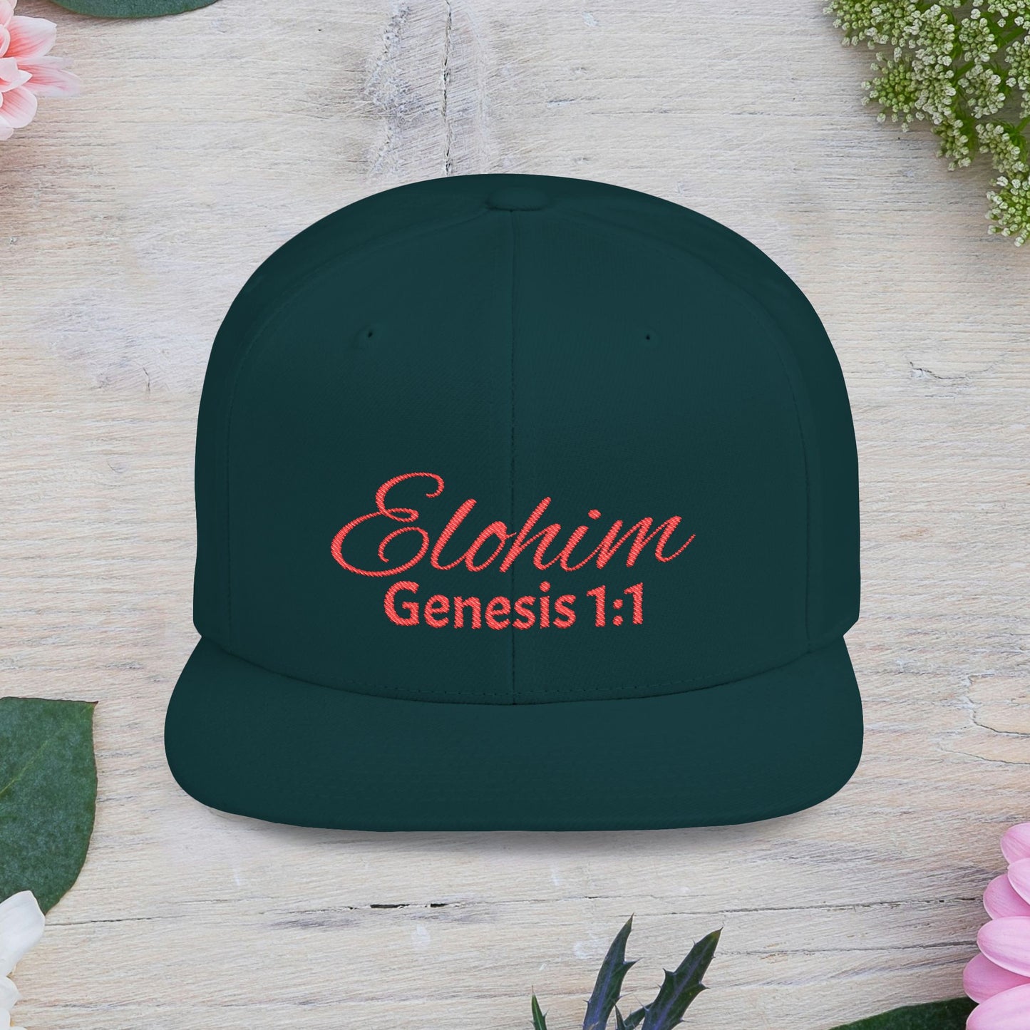 Red Embroidery 'ELOHIM, GENESIS 1:1' Flat Bill Snapback Hat, Stylish Cap for Everyday Wear, Church Events, Gift for Him/Her, Streetwear Accessory, Casual Fashion