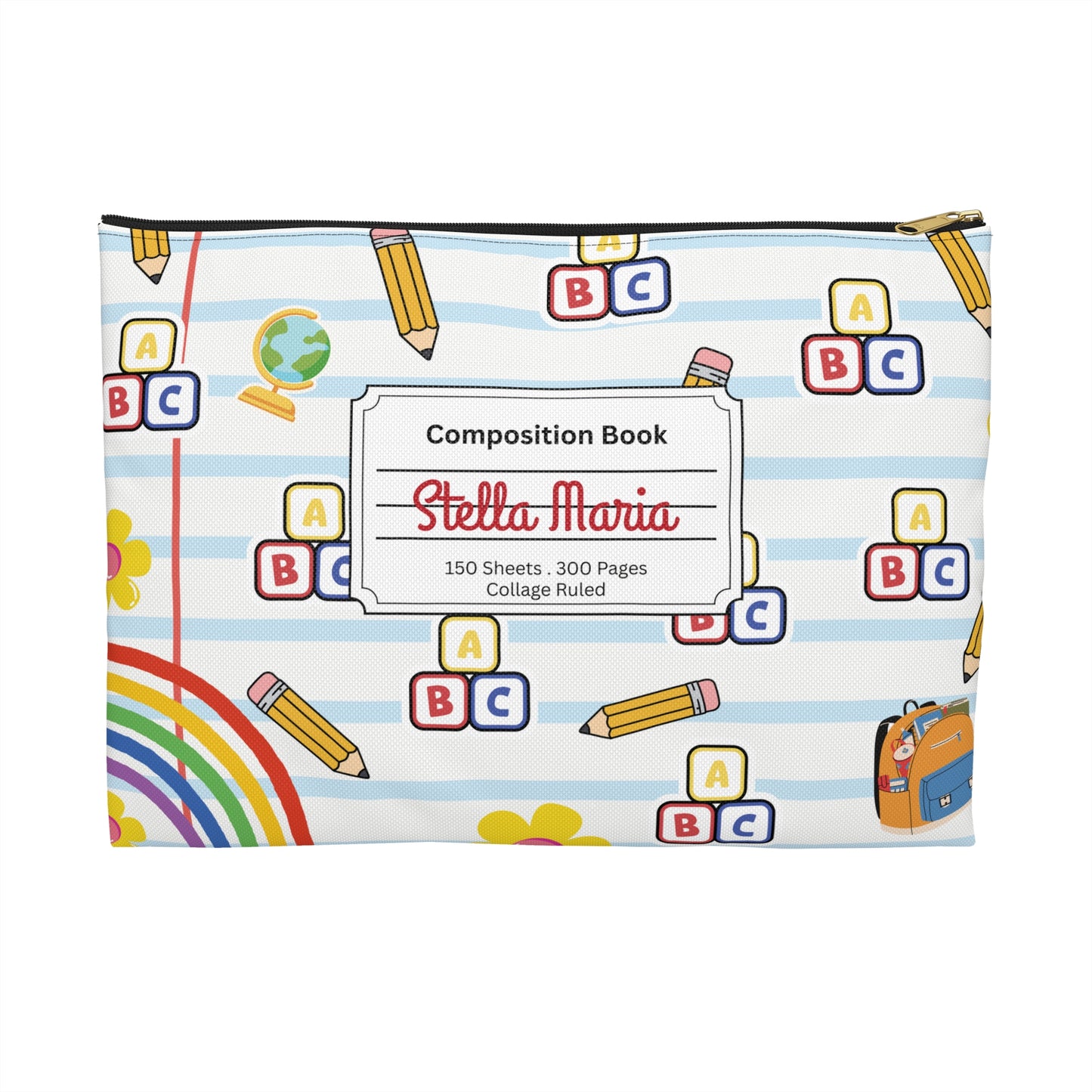 Personalized White SchoolYard Chic Composition Book Inspired Accessory Pouch, Kids School Supplies, Classroom Organizer, Teacher Gift, Fun Stationery Case, Back to School