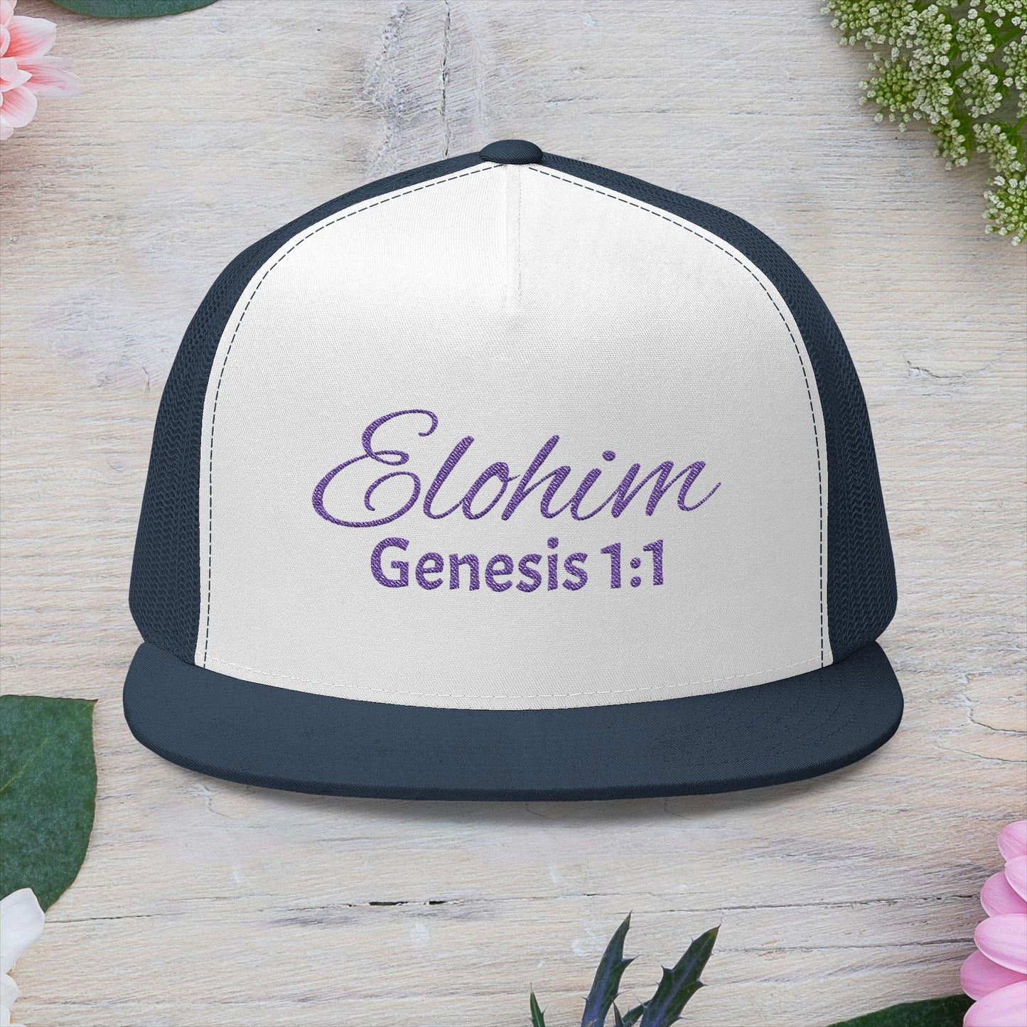 Purple 'ELOHIM, GENESIS 1:1'  Embroidered 5 Panel Trucker Cap | Casual Style Hat, Adjustable, Unisex, Perfect Gift for Outdoors, Festivals, Daily Wear