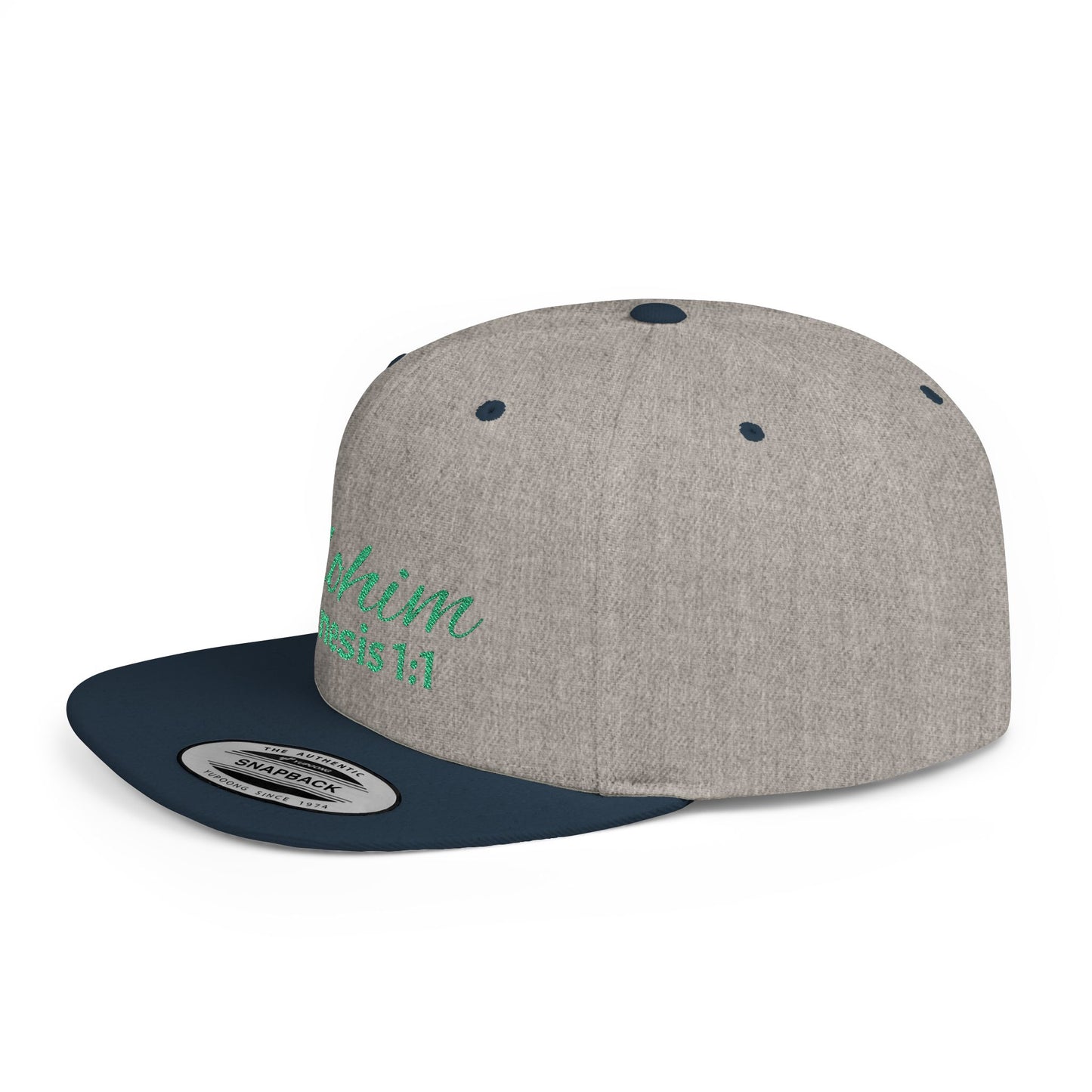 Green Elohim, Genesis 1:1 Snapback Cap - Faith-Inspired Flat Bill Hat, Baseball Hat, Perfect for Gifts, Daily Wear, Spiritual Events.