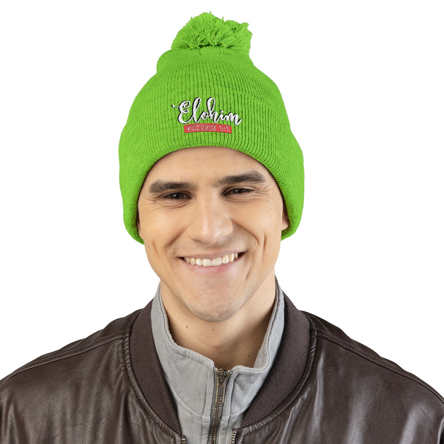 Pom-Pom Knit Cap with 'ELOHIM, GENESIS 1:1'  Embroidery Beanie - Stylish Winter Accessory for All Ages, Perfect Gift for Birthdays, Holidays, and Outdoor Activities