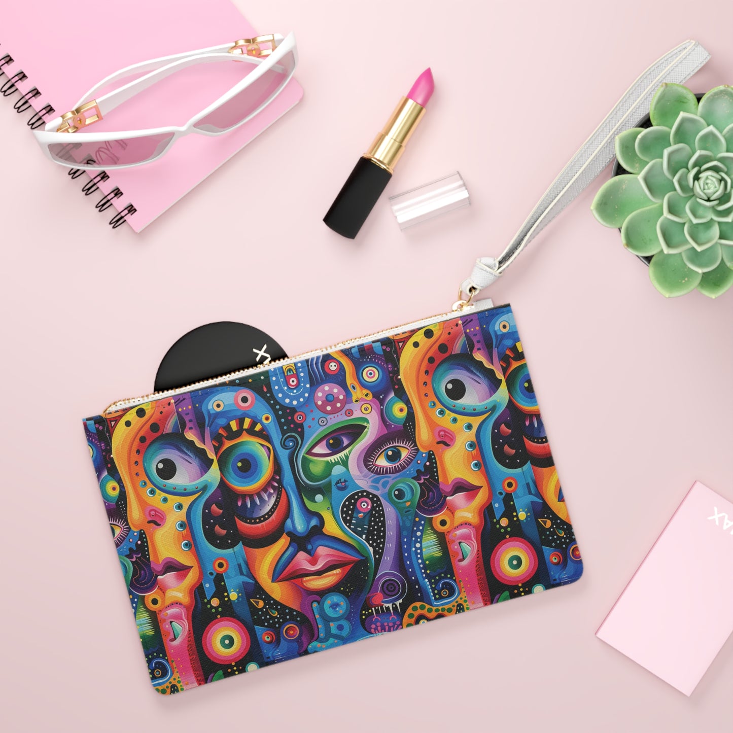 Psychedelic Visions Clutch Bag - Vegan Leather Saffiano Pattern Fashionista On-the-Go Zip Fastening Wrist Strap.