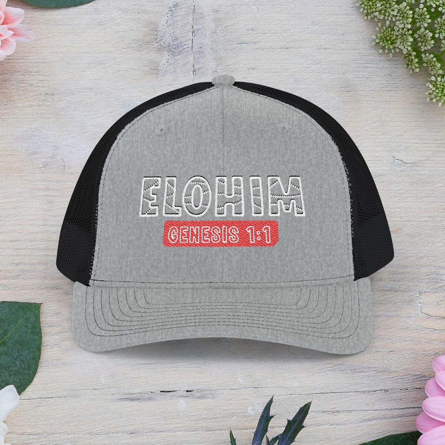 Embroidered  'ELOHIM GENESIS 1:1' Snapback Cap, Faith-Based Trucker Hat, Christian Gifts, Stylish Headwear, Religious Apparel, Perfect for Summer