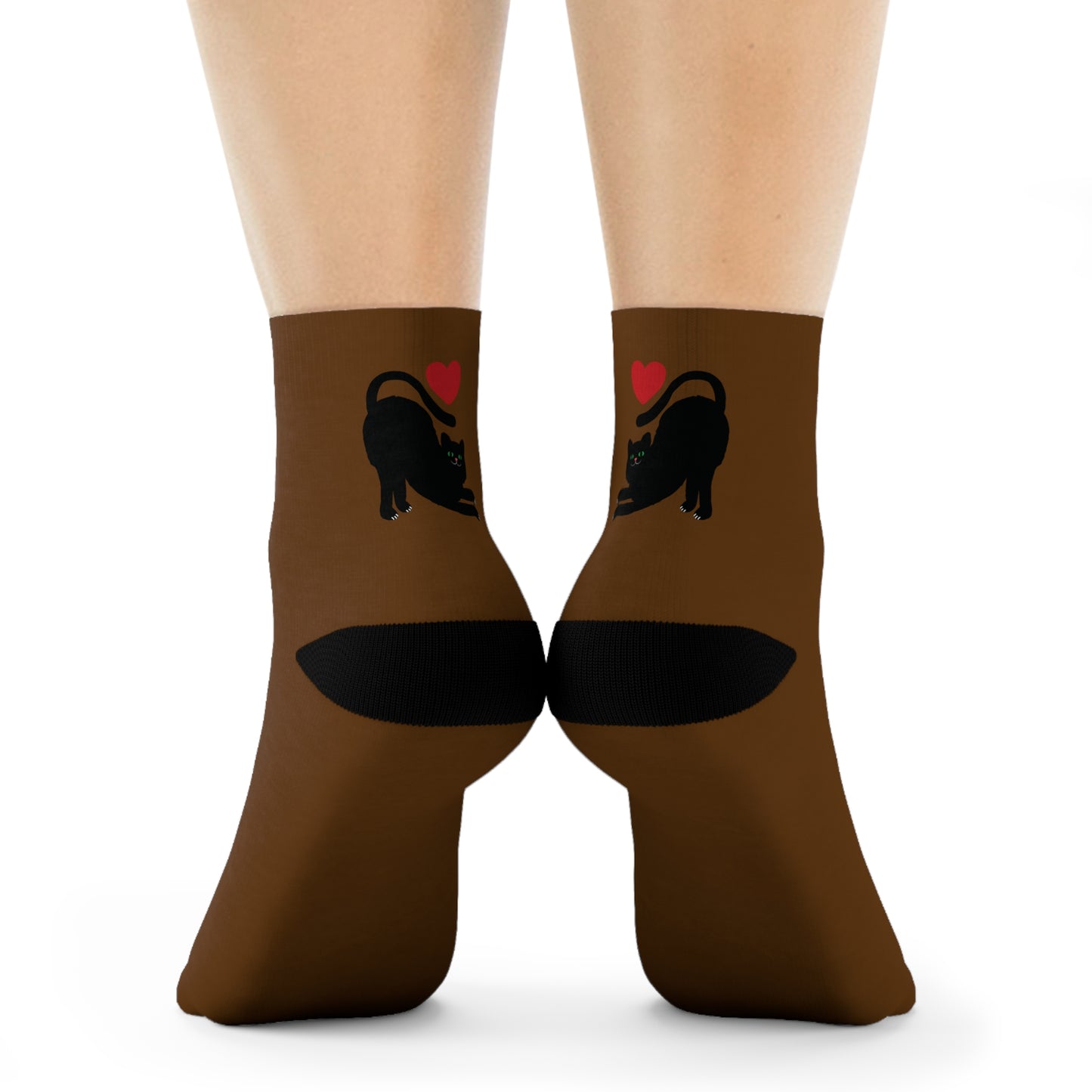 Black Cat and Heart Crew Socks - Soft & Elastic Polyester/Spandex Blend - One Size Fits All