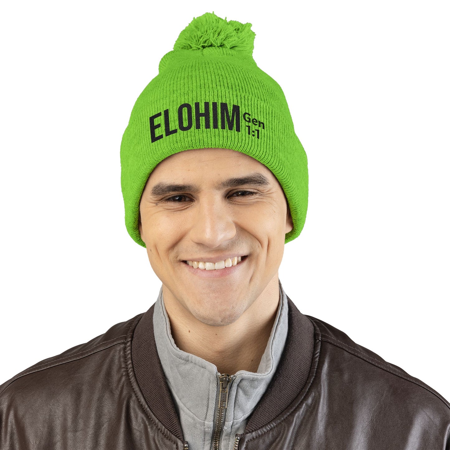 Cozy Pom-Pom Knit Cap with 'ELOHIM, GENESIS 1:1'  Embroidery Beanie - Stylish Winter Accessory for All Ages, Perfect Gift for Birthdays, Holidays, and Outdoor Activities
