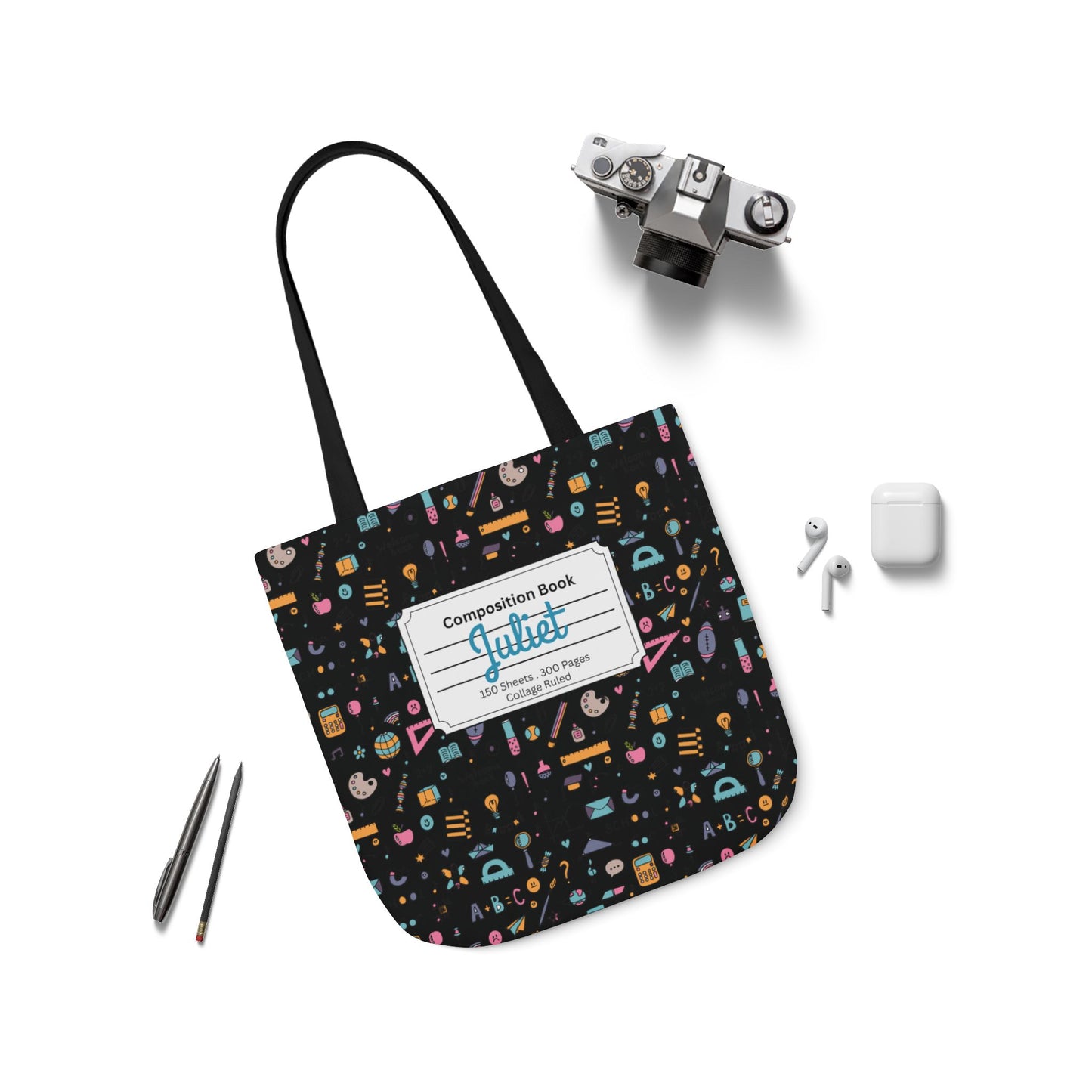 Personalized Chalkboard Chic Composition Book Inspired Canvas Tote Bag with Colorful Straps, Cute School Bag, Eco-Friendly Tote, Back to School Shopping Bag, Teacher Gift Idea