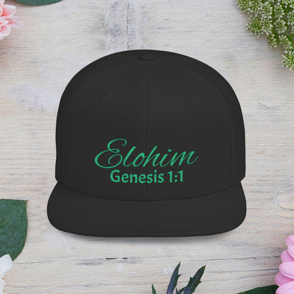 Green Elohim, Genesis 1:1 Snapback Cap - Faith-Inspired Flat Bill Hat, Baseball Hat, Perfect for Gifts, Daily Wear, Spiritual Events.