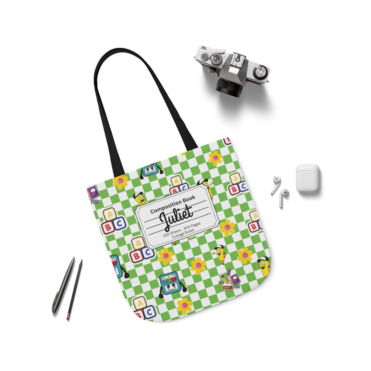 Personalized Green Schoolyard Chic Composition Book Inspired Canvas Tote Bag with Colorful Straps, Cute School Bag, Eco-Friendly Tote, Back to School Shopping Bag, Teacher Gift Idea