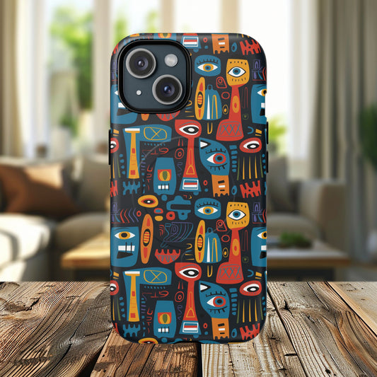 Urban Totem Vibe Tough iPhone Magnetic Case, Colorful Bohemian Art, Unique Gift for Him/Her, Holiday Accessory, iPhone Protection, MagSafe iPhone Case.