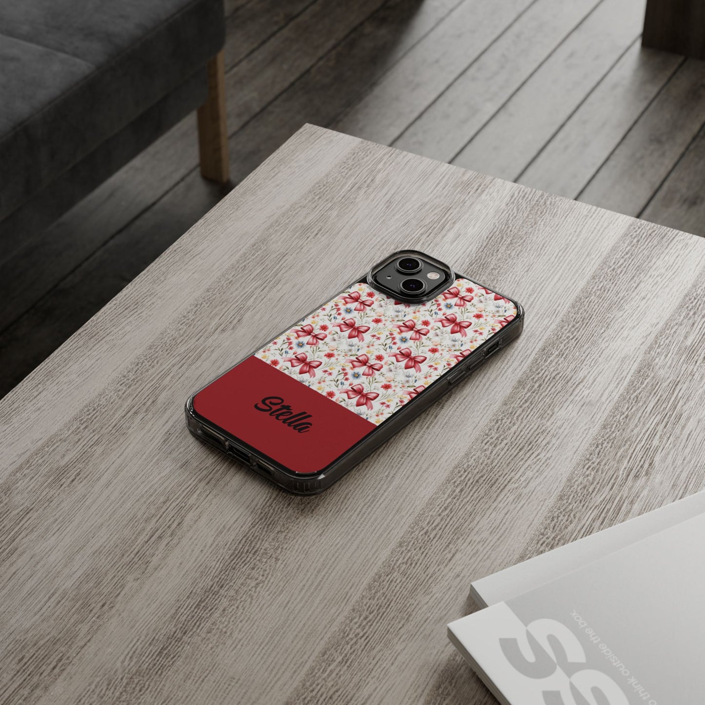 Personalized Rosette Coquette Floral Bow Clear iPhone, Samsung Cases — Custom Name Phone Cover