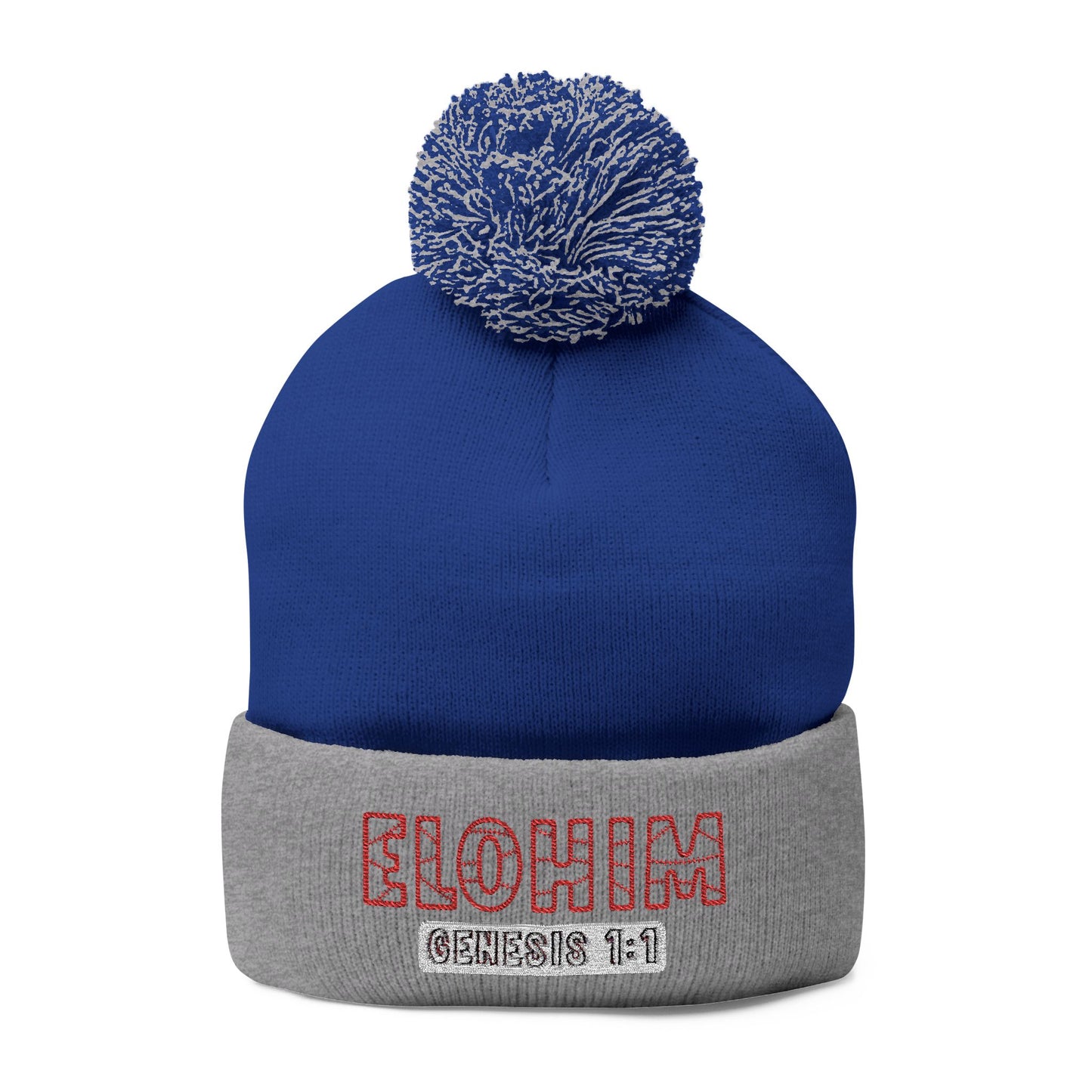 Red Pom-Pom Knit Cap with 'ELOHIM, GENESIS 1:1'  Embroidery Beanie - Stylish Winter Accessory for All Ages, Perfect Gift for Birthdays, Holidays, and Outdoor Activities
