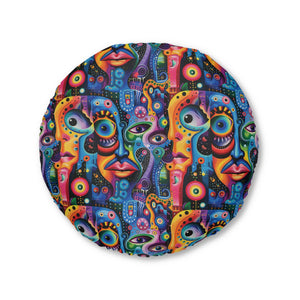 Psychedelic Visions Vibrant Faces Tufted Floor Pillow, Round | Boho Decor, Meditation Cushion, Funky Home Accent, Unique Gift, Pop Art Seating