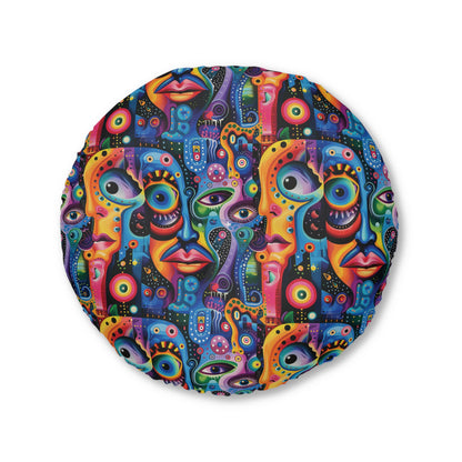 Psychedelic Visions Vibrant Faces Tufted Floor Pillow, Round | Boho Decor, Meditation Cushion, Funky Home Accent, Unique Gift, Pop Art Seating