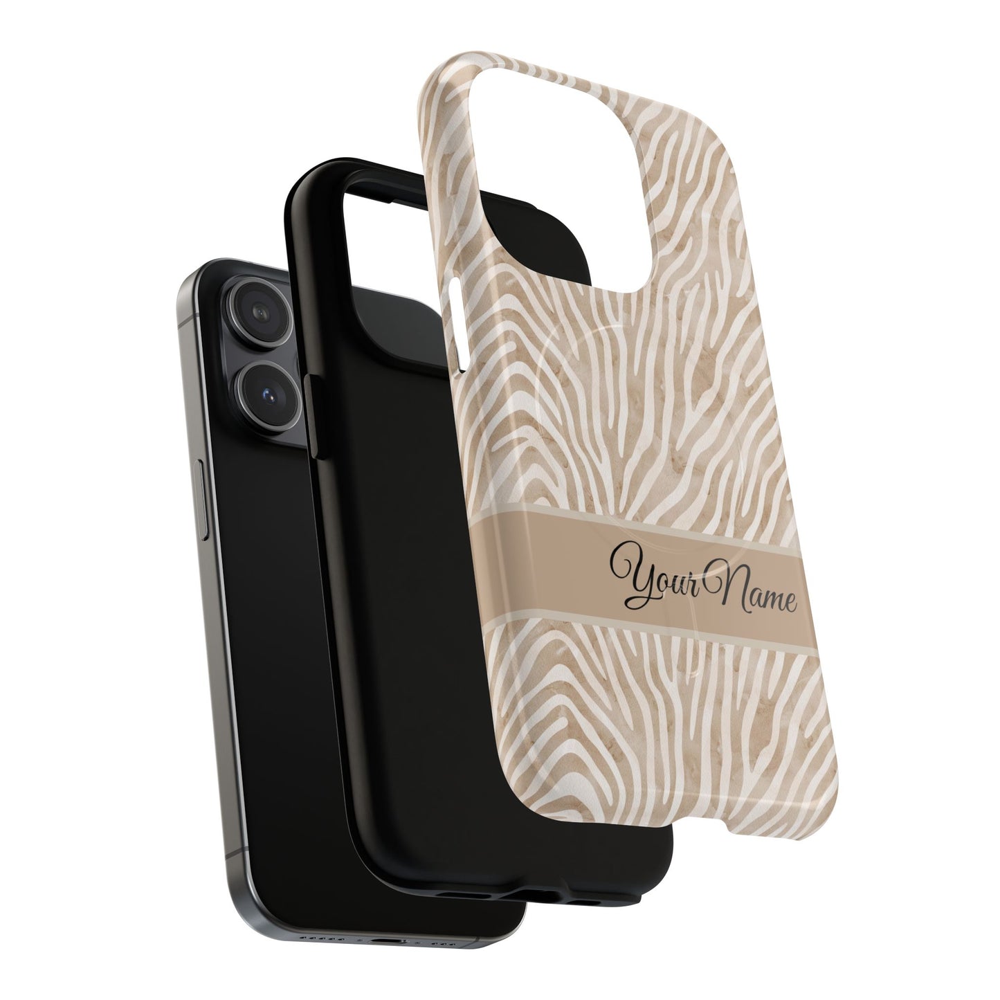 Personalized Zebra Animal Print Cover, Tough Magnetic MagSafe® iPhone® 13, 14, 15, 16, 17, Pro, Pro Max, Plus Cases (Custom Name).