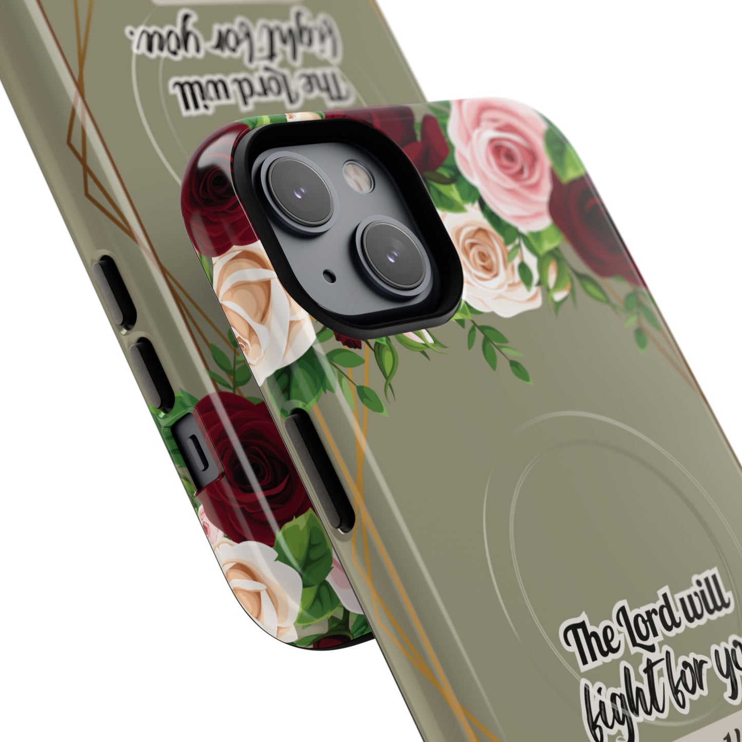 The Lord will Fight for You Exodus 14:14, Inspirational Gift, Tough iPhone Magnetic Case Scripture, Roses Bible Verse, MagSafe® iPhone® Tough Case, iPhone 14, iPhone 15, iPhone 16, Pro, Pro Max, Plus.