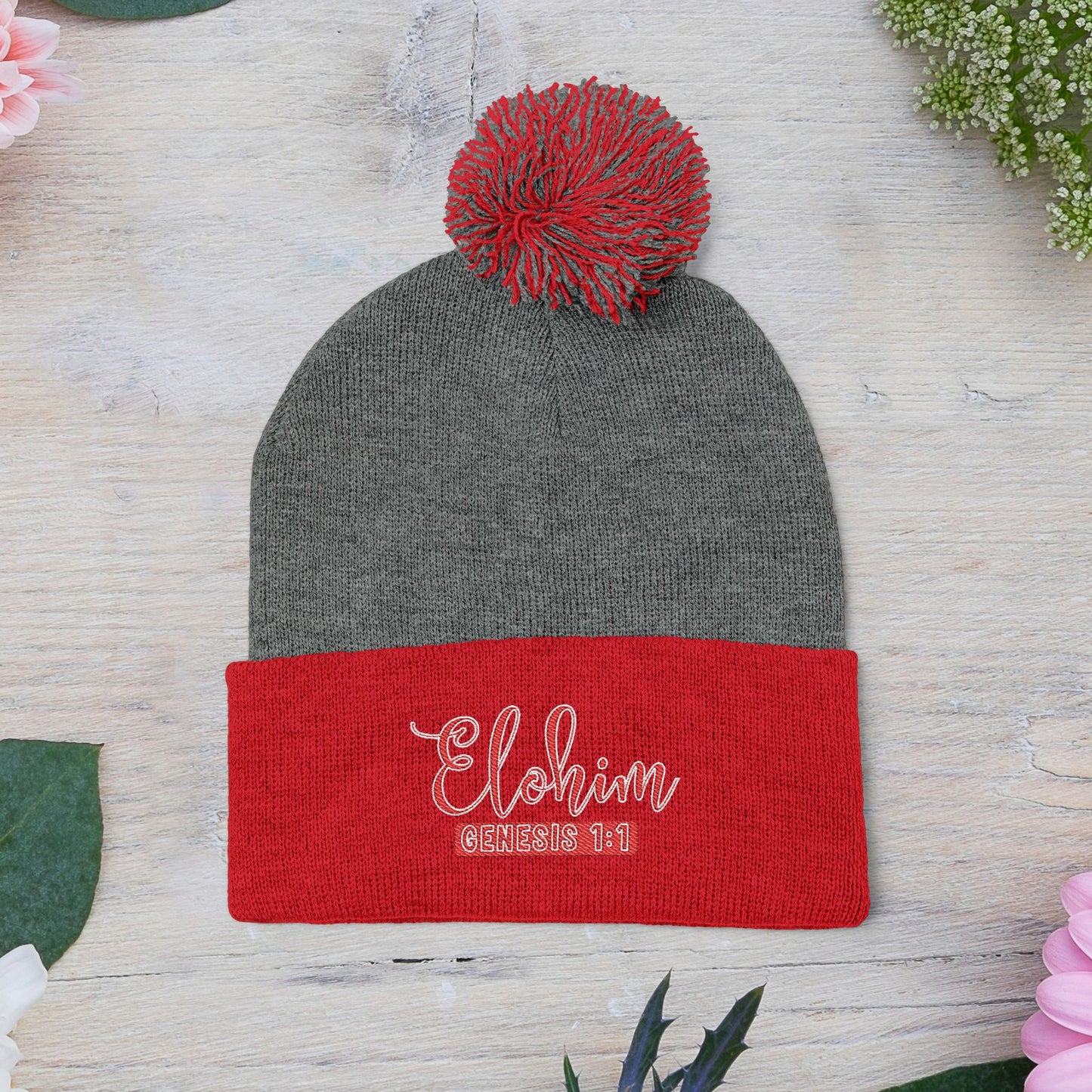 Red Pom-Pom Knit Cap with 'ELOHIM, GENESIS 1:1'  Embroidery Beanie - Stylish Winter Accessory for All Ages, Perfect Gift for Birthdays, Holidays, and Outdoor Activities