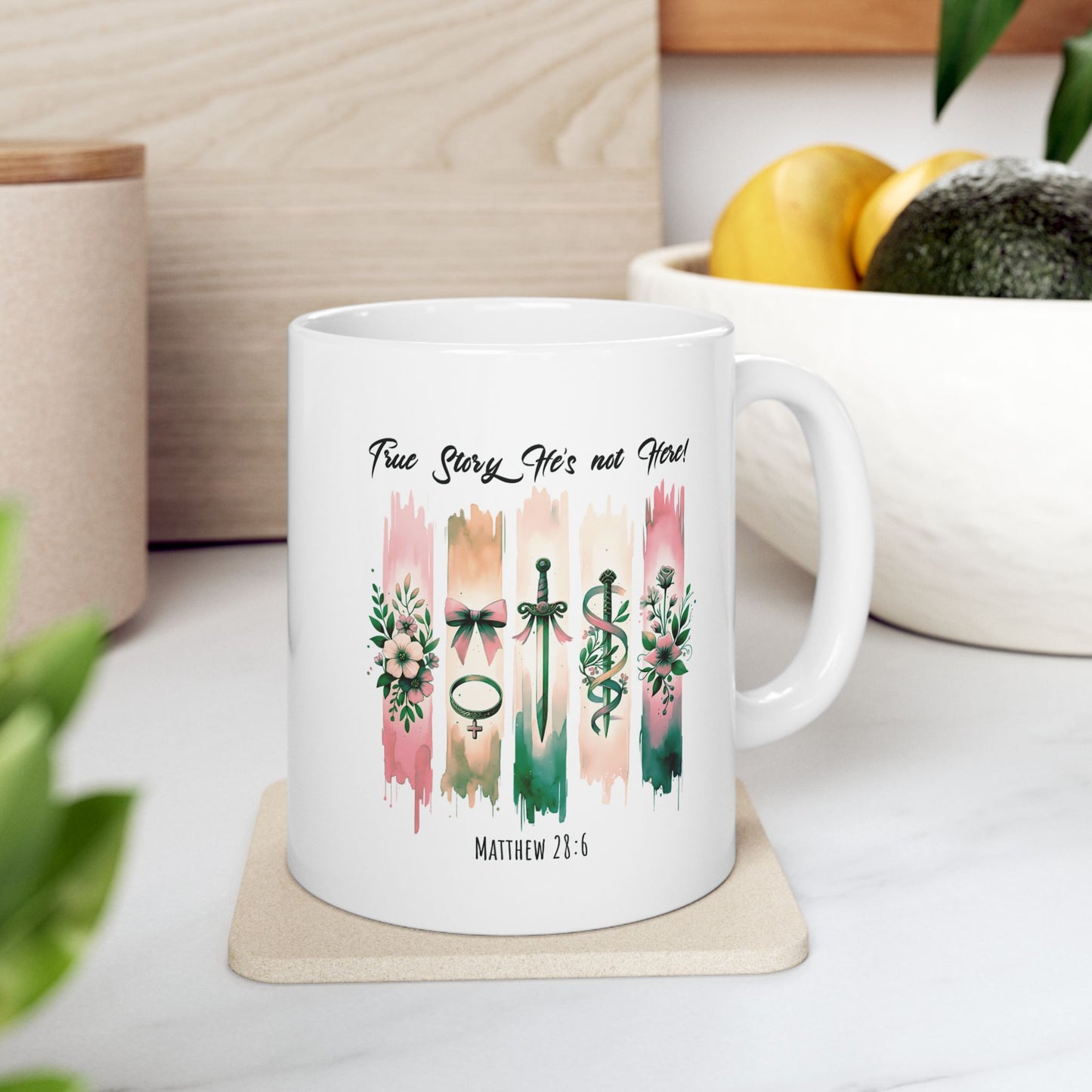 ''True Story He is Not Here'' Ceramic Coffee Mug (11oz and 15oz), Religious, Faith Mug - a Gift for Christenings/Believers/Friends/Sisters/Mother. - Ideal Gift for Friends & Family