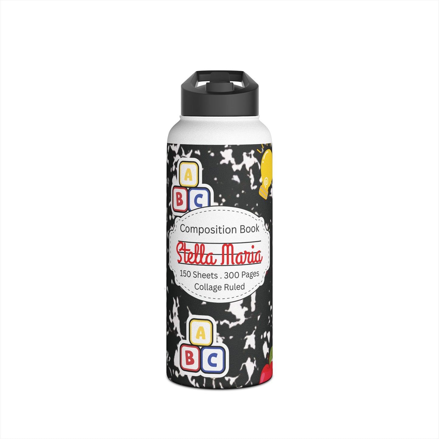 Personalized Black Composition Book Inspired Stainless Steel Water Bottle for Kids, School Supplies, Eco-Friendly Drinkware, Back to School, Teacher Gifts
