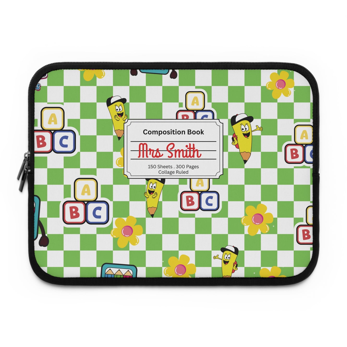 Personalized Green SchoolYard Chic Laptop Sleeve with Composition Book Inspired Design, Customizable Tech Case, School Supplies, Gift for Students, College Essentials, Back to School