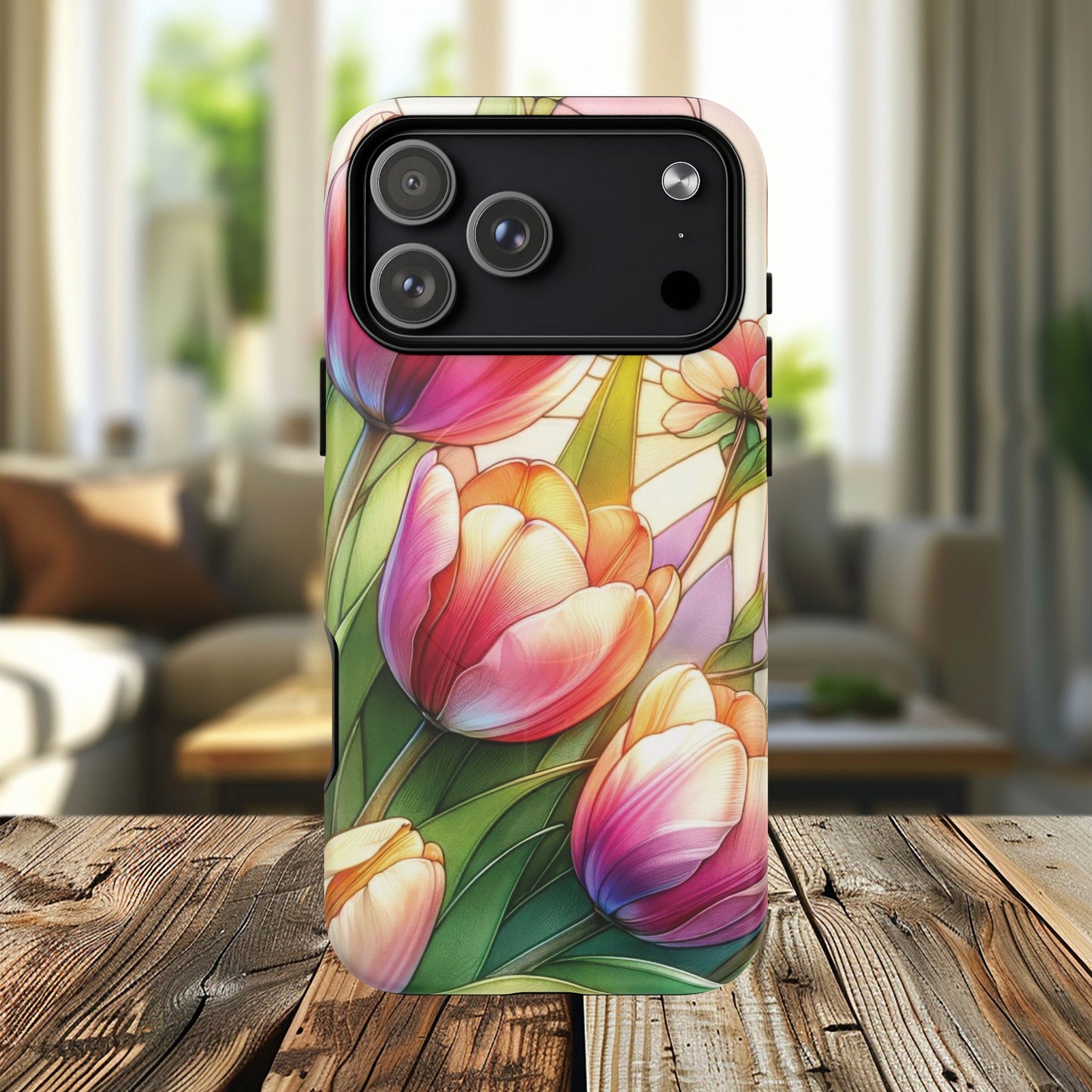 Tulip Glow Tough iPhone Magnetic Case, Floral Design, Spring Gift, Durable Protection, Smartphone Accessories, MagSafe Accessories, Stained Glass Tulip Gift