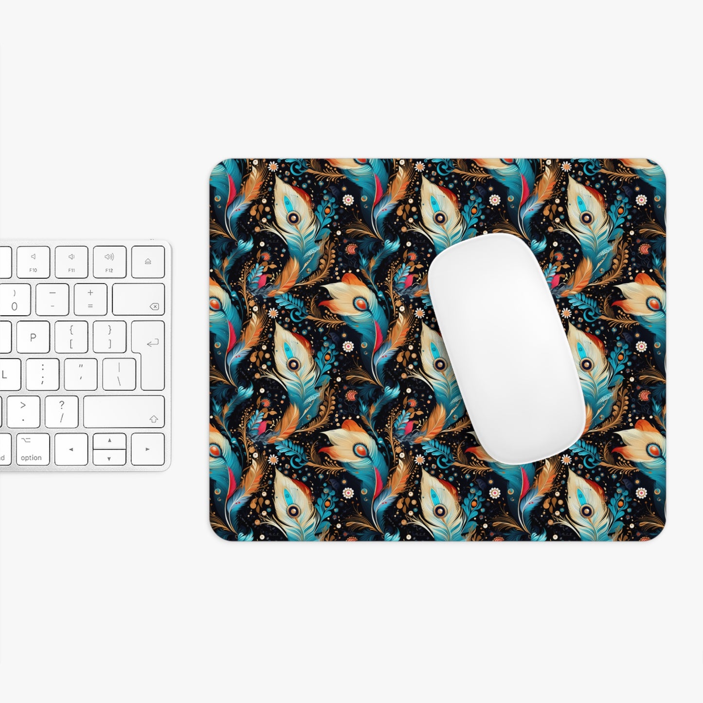 Ethereal Feathers Floral Printed Mouse Pad - Elegant Peacock Design for Home Office & Gifts