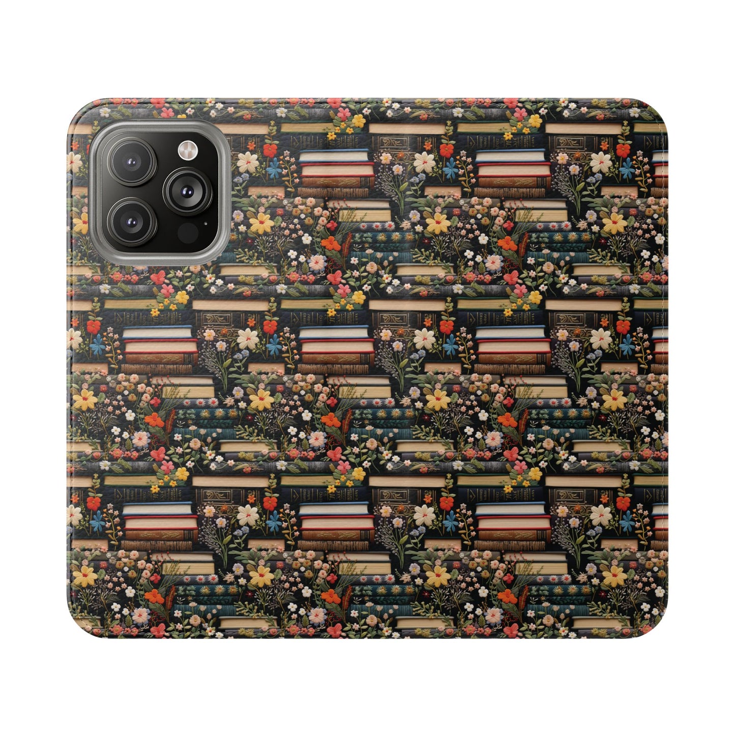 Book Stack Floral Flip iPhone and Samsung Phone Case — Vintage Library Wallet Cover.