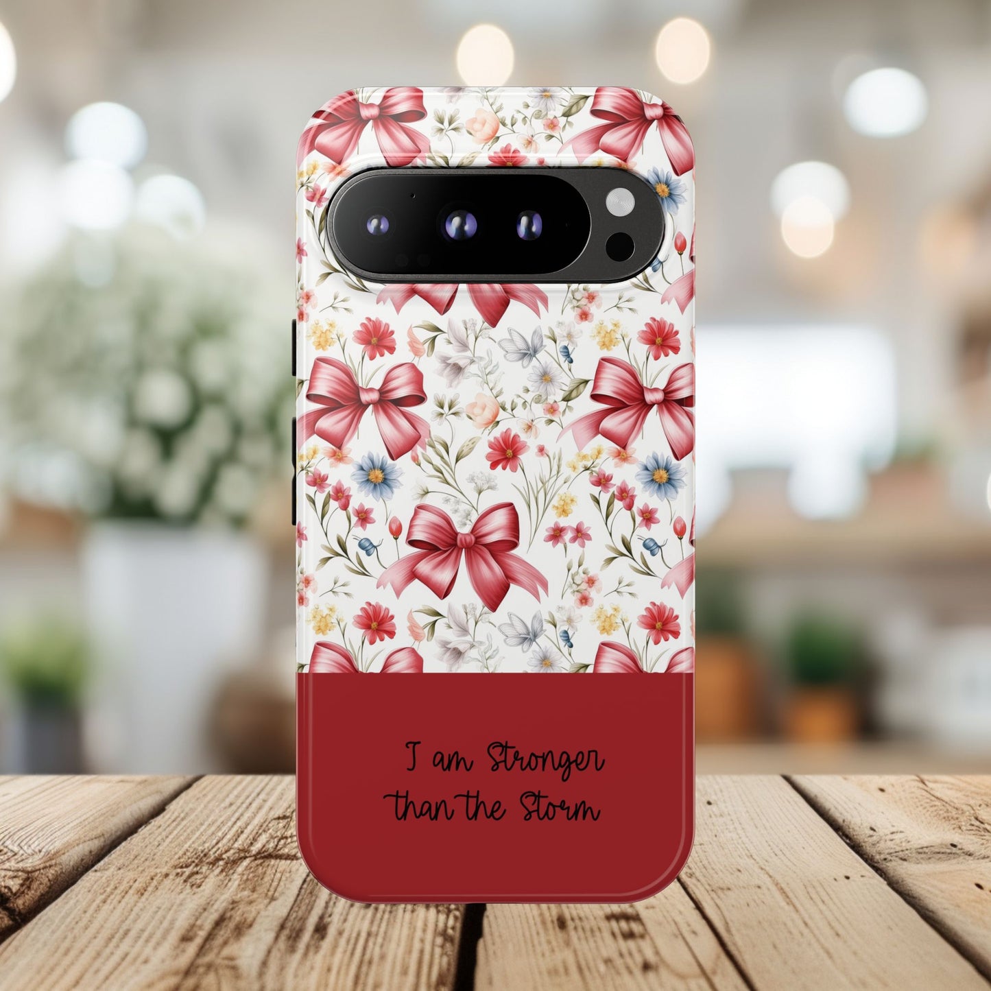 Personalized Rosette Coquette Phone Case - Custom Name/Message 'I Am Stronger Than The Storm' Floral Bow Protective Case