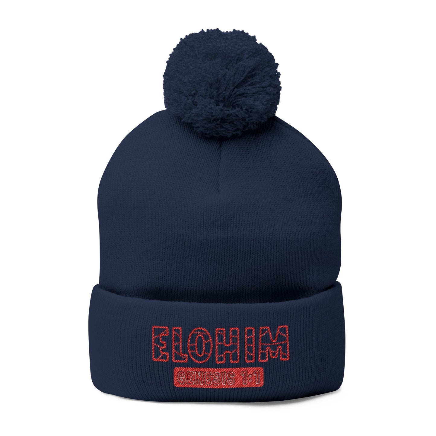 Red Pom-Pom Knit Cap with 'ELOHIM, GENESIS 1:1'  Embroidery Beanie - Stylish Winter Accessory for All Ages, Perfect Gift for Birthdays, Holidays, and Outdoor Activities