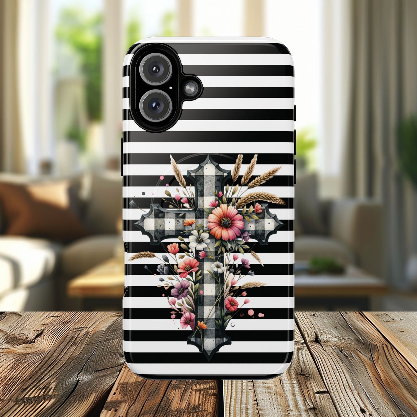 Grace in Bloom Tough Magnetic iPhone Case with Floral Cross Design, Boho iPhone Cover, Striped iPhone Case, Unique Religious Gift, Trendy Cell iPhone Accessory.