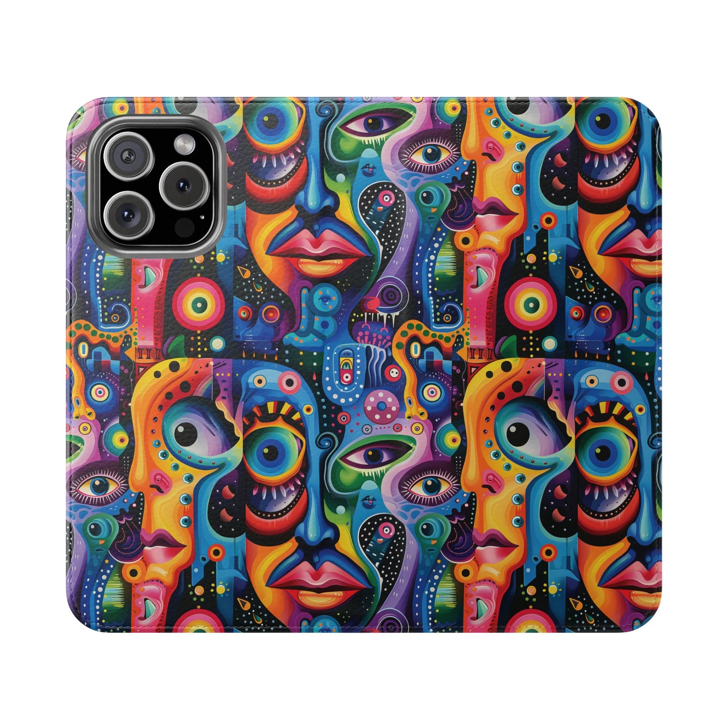 Psychedelic Visions Vibrant Art Flip iPhone and Samsung Phone Case - Colorful Faces Design for Phone Protection
