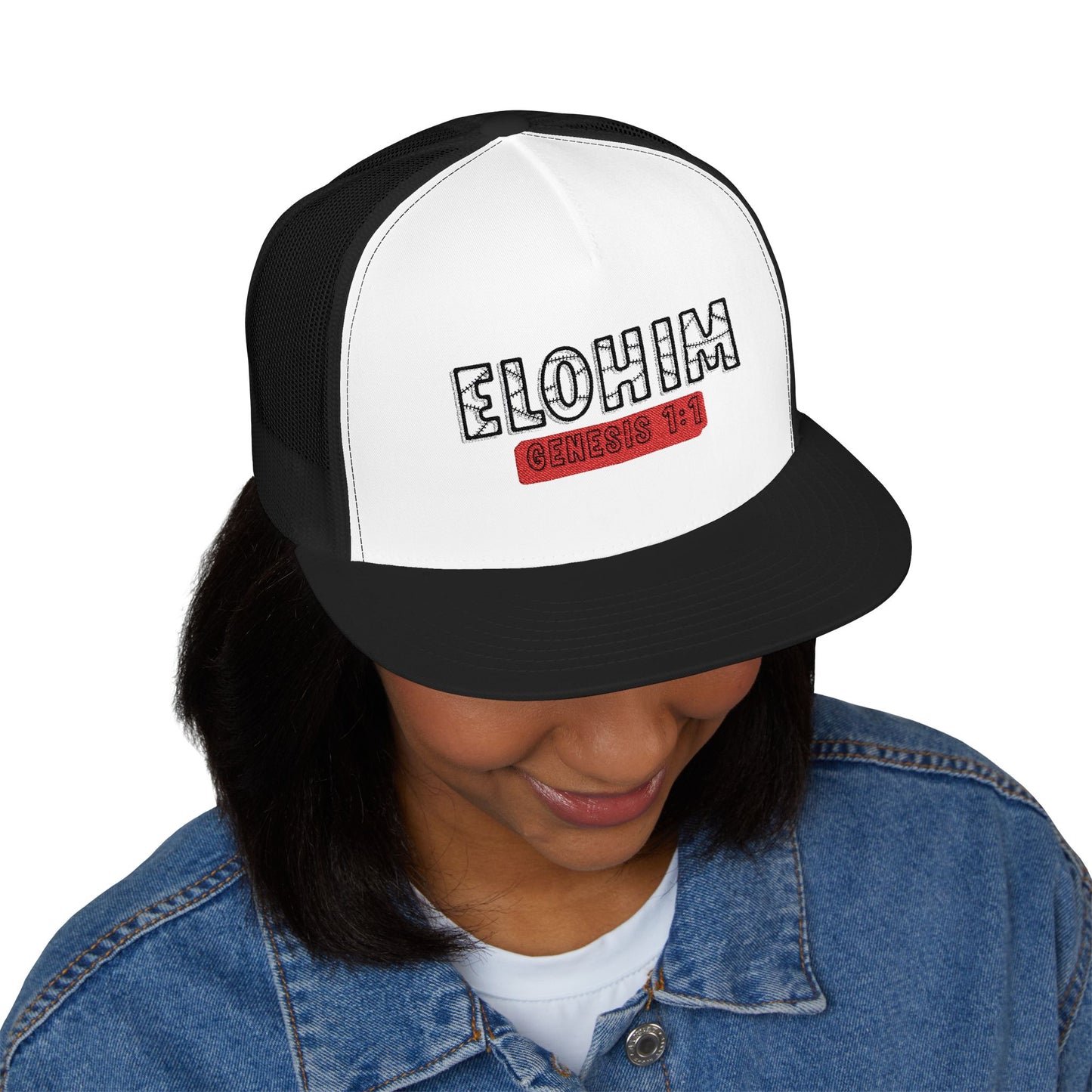 'ELOHIM, GENESIS 1:1'  Embroidered 5 Panel Trucker Cap | Casual Style Hat, Adjustable, Unisex, Perfect Gift for Outdoors, Festivals, Daily Wear