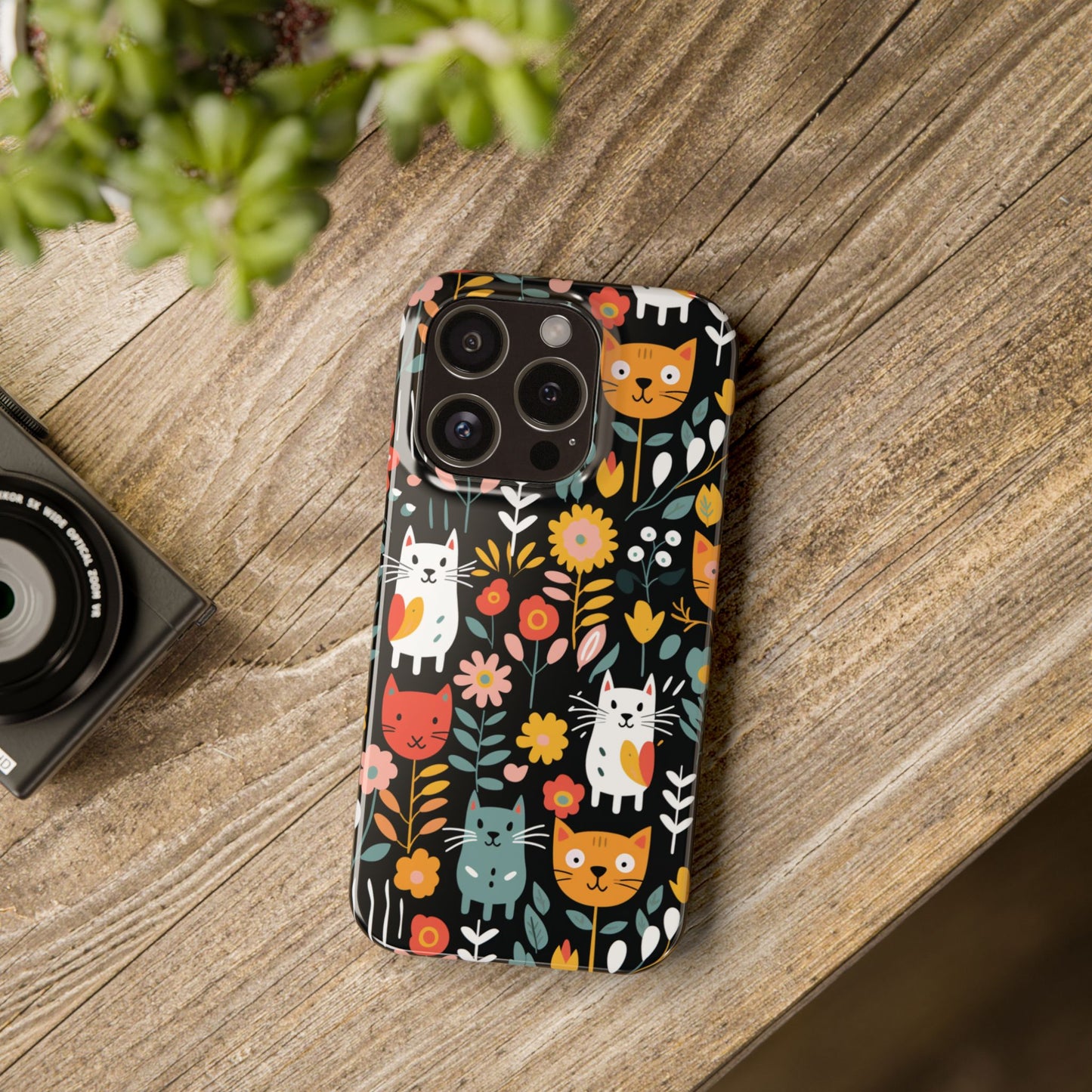 Whimsical Feline Garden iPhone Case — Slim Floral Cat Design (Matte or Glossy) for iPhones.
