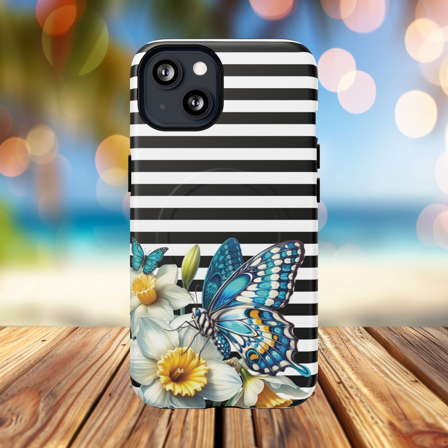 Daffodil Flutter Tough iPhone Magnetic Case, Floral iPhone Accessories, Stylish iPhone Cover, Black Striped Design, Gift for Her, Trendy iPhone