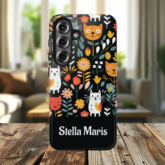 Personalized Whimsical Feline Garden Tough Phone Case — Custom Name iPhone & Samsung