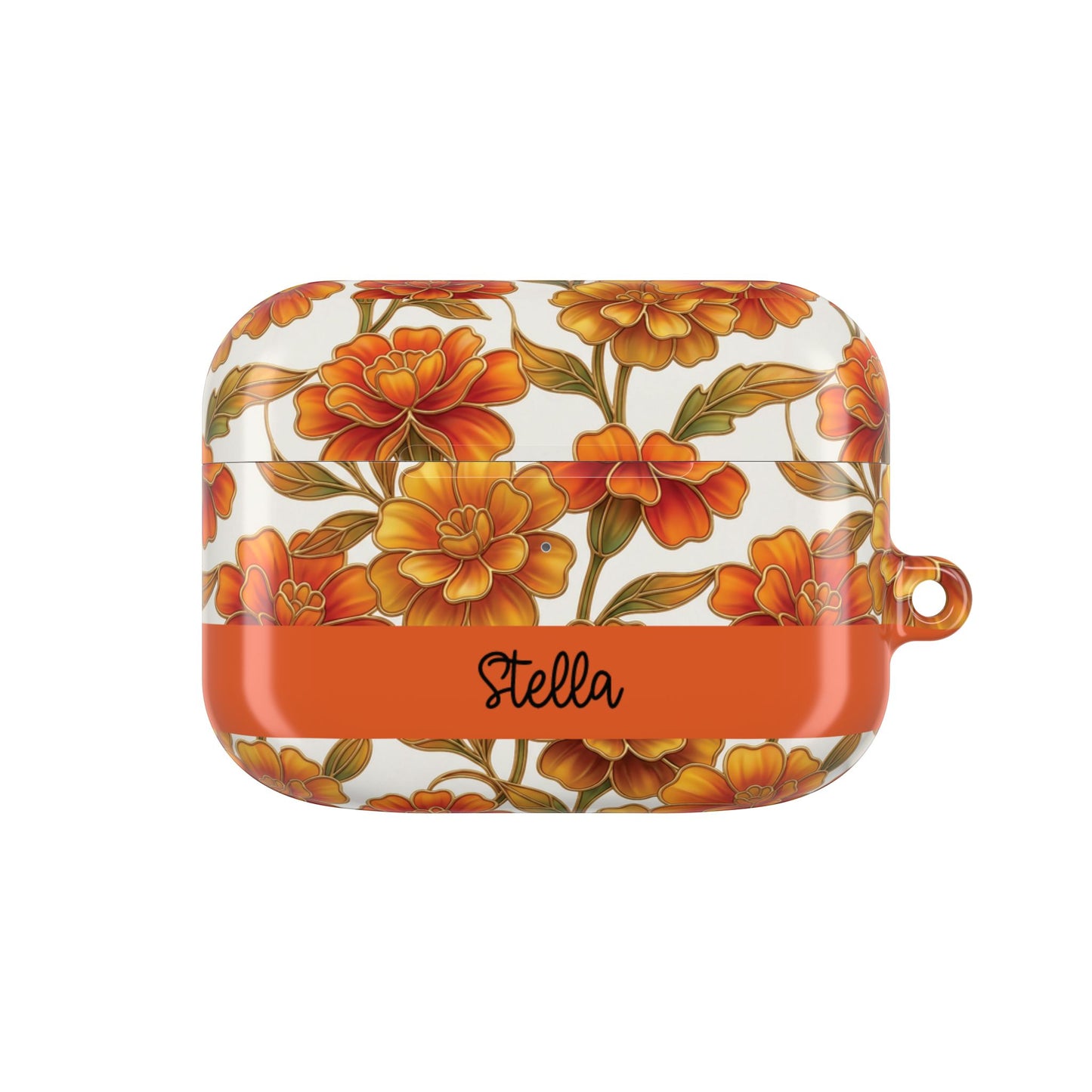 Stained Glass Effect Floral Orange Marigold AirPod Case — Personalized Name Option