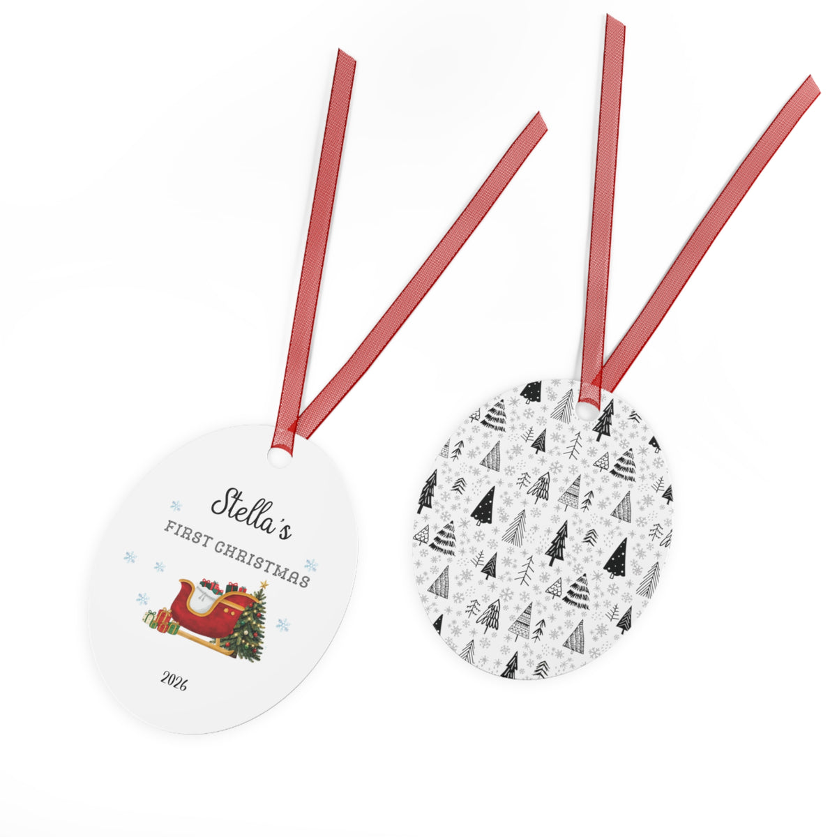 Personalized First Christmas Metal Ornament — Custom Name & Year, Sleigh and Tree Design