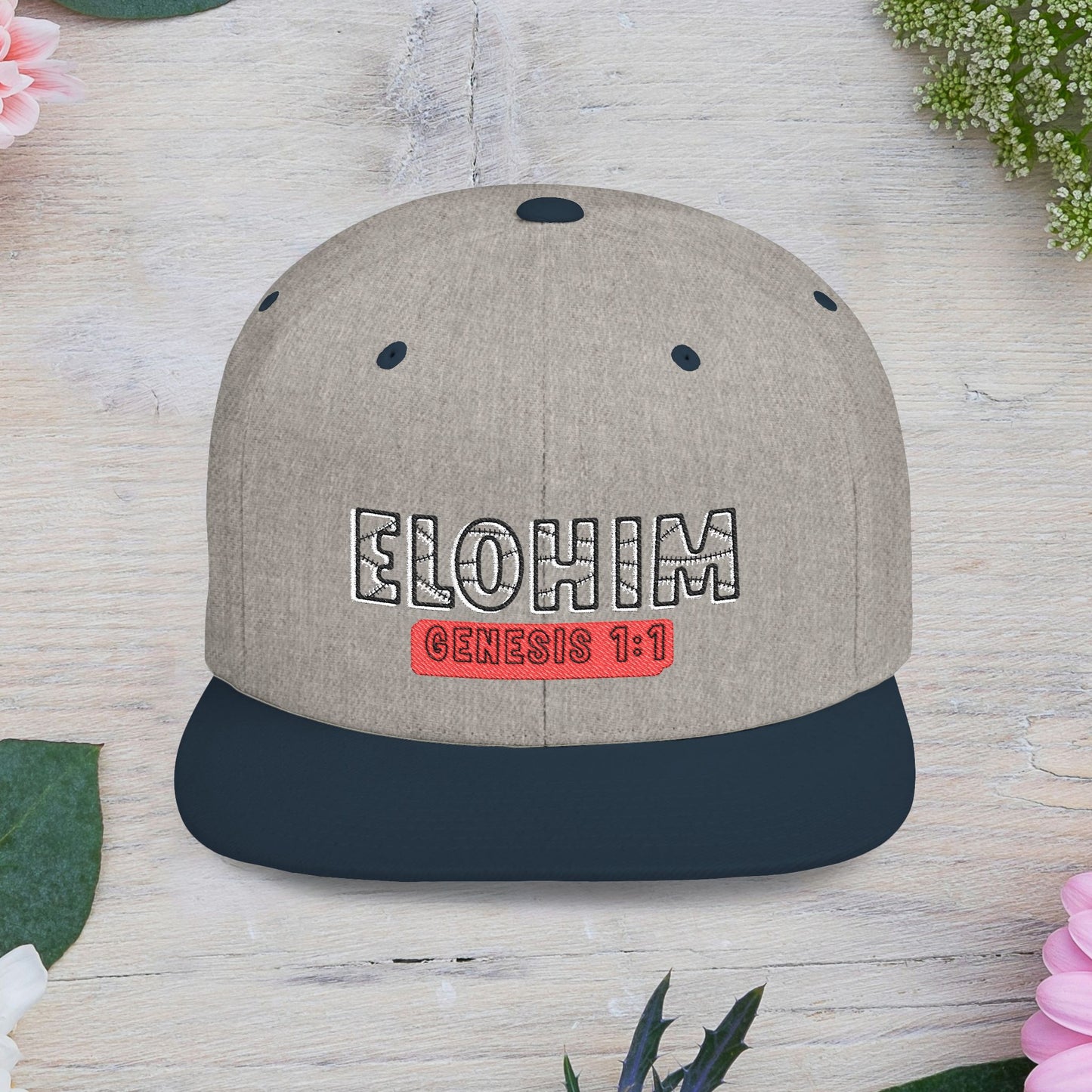 Embroidery 'ELOHIM' & 'GENESIS 1:1' Flat Bill Snapback Hat, Stylish Cap for Everyday Wear, Church Events, Gift for Him/Her, Streetwear Accessory, Casual Fashion