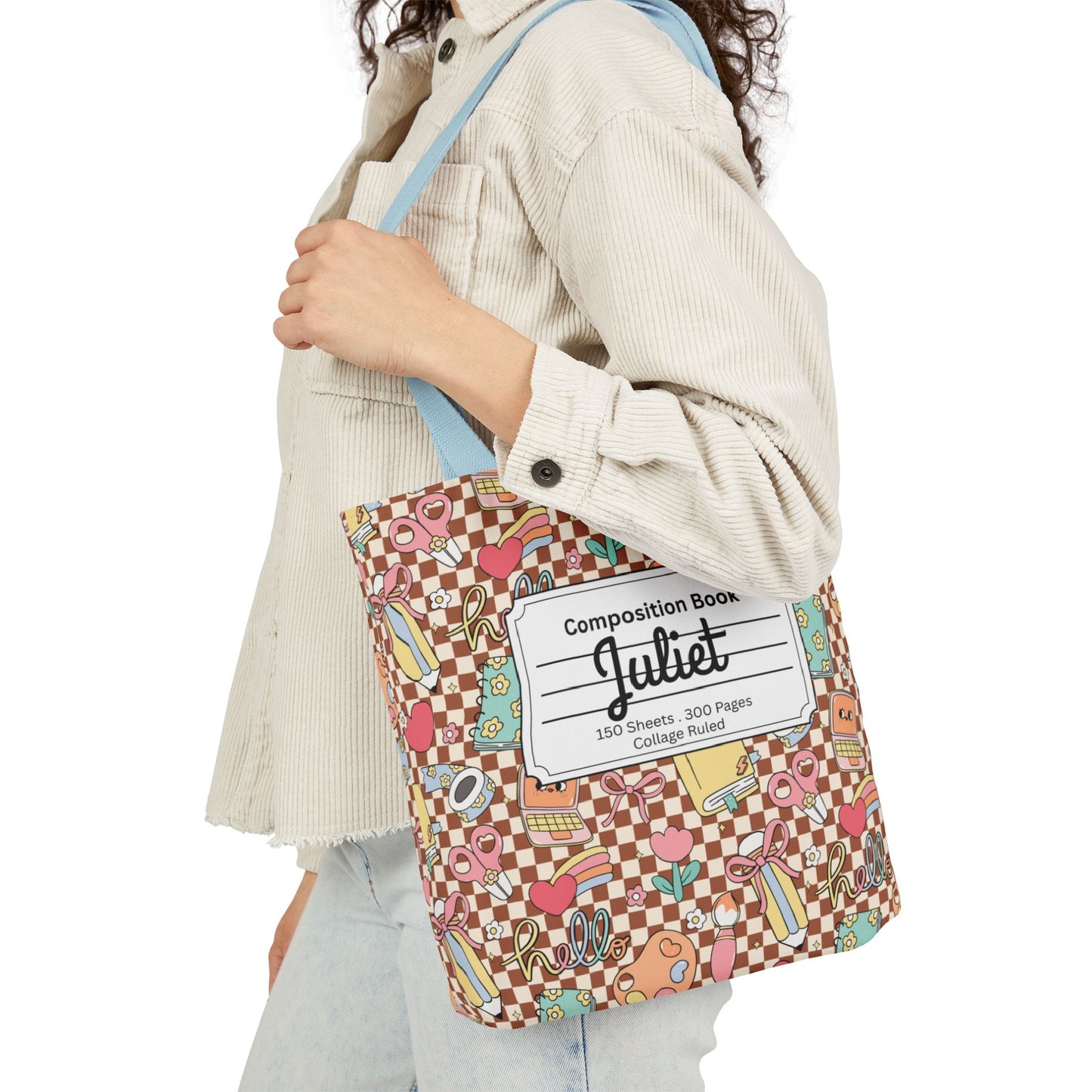 Personalized Brown Doodle Daydream Composition Book Inspired Canvas Tote Bag with Colorful Straps, Cute School Bag, Eco-Friendly Tote, Back to School Shopping Bag, Teacher Gift Idea