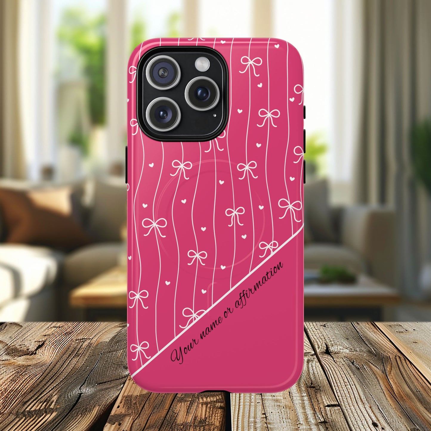 Pink Bow Coquette Magnetic Tough Magnetic MagSafe®  Case — (Add Name or Affirmation)-iPhone® 13, 14, iPhone 15, iPhone 16, iPhone 17, Pro, Pro Max, Plus Cases.